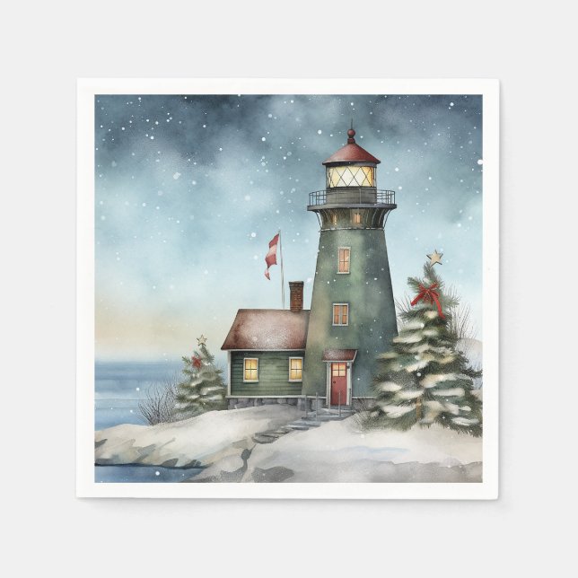 Winter Lighthouse Nautical Beach Christmas Holiday Napkins (Front)