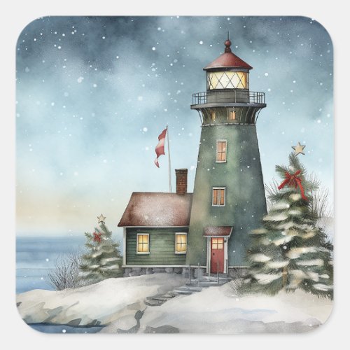 Winter Lighthouse Nautical Beach Christmas Holiday Square Sticker