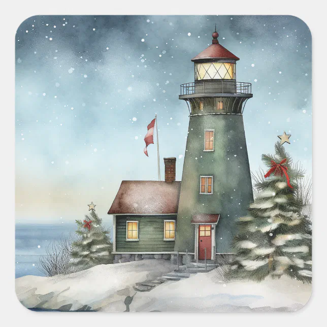 Winter Lighthouse Nautical Beach Christmas Holiday Square Sticker | Zazzle