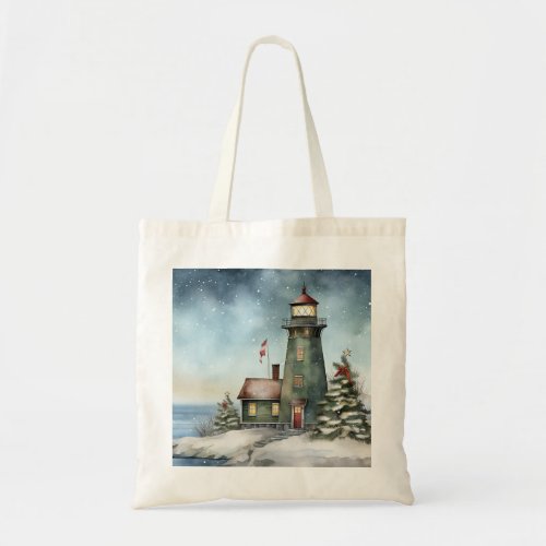 Winter Lighthouse Nautical Beach Christmas Holiday Tote Bag