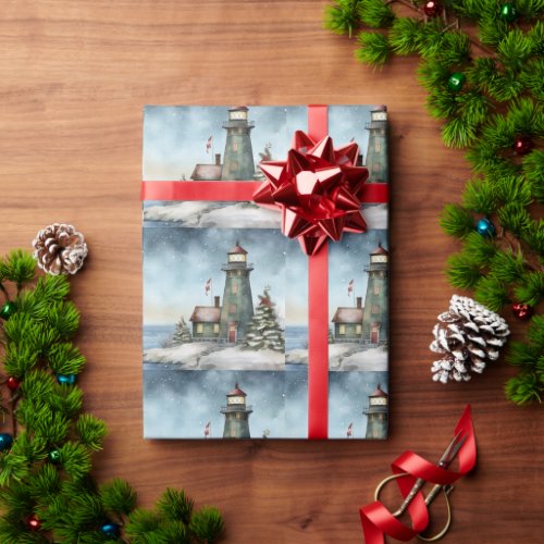 Winter Lighthouse Nautical Beach Christmas Holiday Wrapping Paper