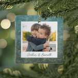 Winter Lights Double Sided Personalized Photo Ceramic Ornament<br><div class="desc">A sweet double sided photo ornament displaying a favorite photo on each side,  on a dusty teal watercolor background dotted with string lights. Personalize with a custom caption on the front in handwritten lettering,  and add the year to the back.</div>