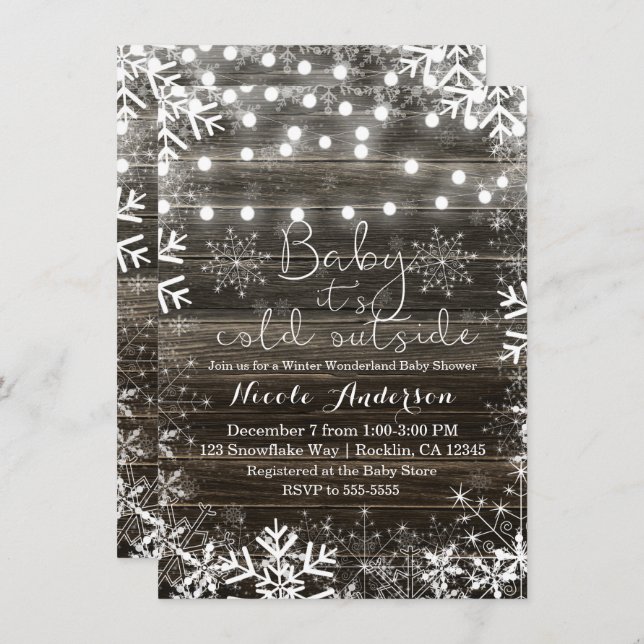 Winter Lights & Snowflakes Rustic Baby Shower Invitation (Front/Back)