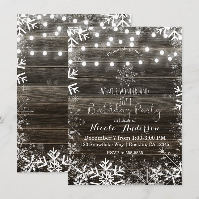 Winter Lights & Snowflakes Rustic Birthday Party Invitation (Front/Back)