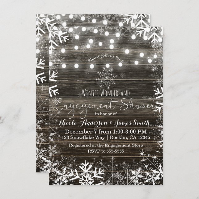 Winter Lights Snowflakes Rustic Engagement Shower Invitation (Front/Back)