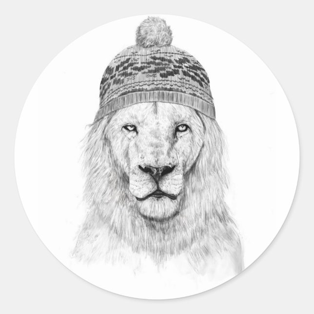 Winter lion (bw) classic round sticker (Front)