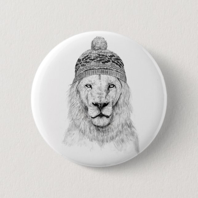 Winter lion (bw) pinback button (Front)