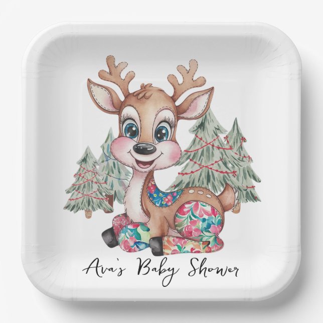 Winter Little Reindeer Sewn Patchwork Baby Shower Paper Plates (Front)