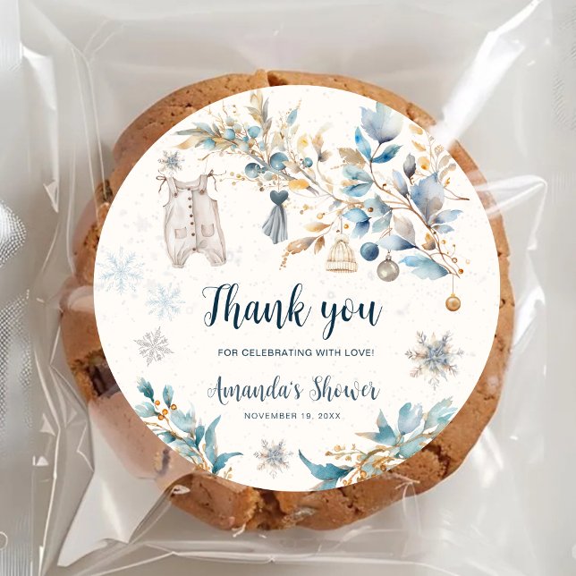 Winter Little Snowflake Baby Shower Thank You Classic Round Sticker (Creator Uploaded)