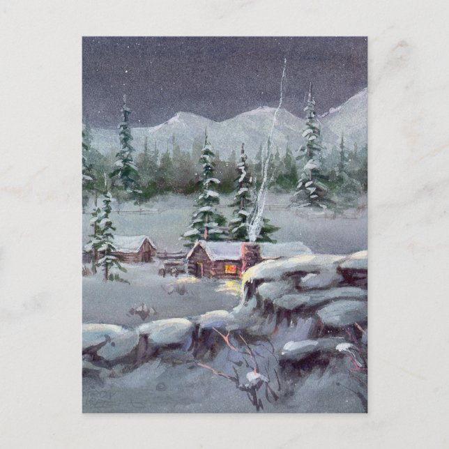 WINTER LOG CABIN by SHARON SHARPE Postcard (Front)