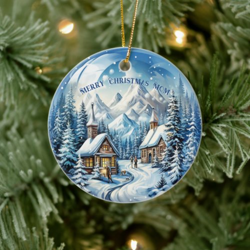 Winter Log Cabin Mountains Pinetrees Ceramic Ornament