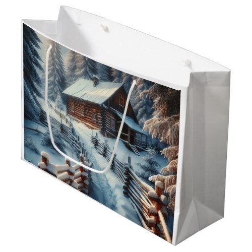 Winter Log Cabin on a Snowy Day Christmas Large Gift Bag