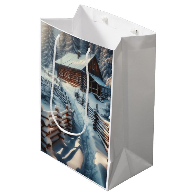 Winter Log Cabin on a Snowy Day Christmas Medium Gift Bag (Front Angled)