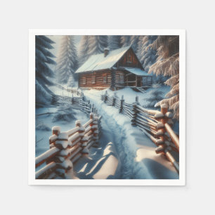 Winter Log Cabin on a Snowy Day Christmas Napkins