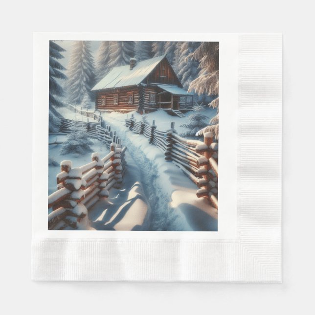 Winter Log Cabin on a Snowy Day Christmas Napkins (Front)