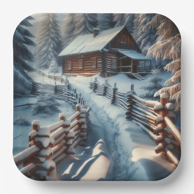 Winter Log Cabin on a Snowy Day Christmas Paper Plates (Front)