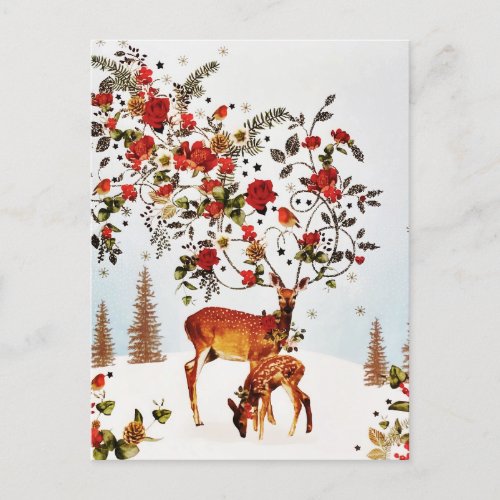 Winter Love Bird Christmas Tree Watercolor Announcement Postcard