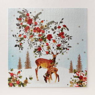 Winter Love Bird Christmas Tree Watercolor Jigsaw Puzzle