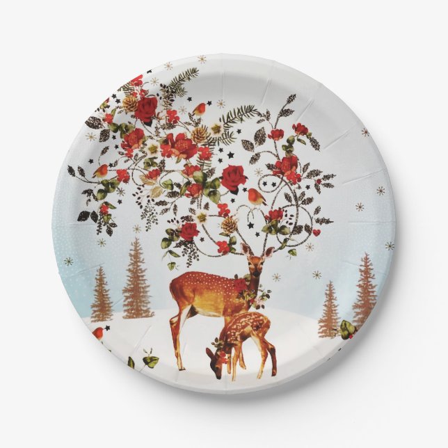 Winter Love Bird Christmas Tree Watercolor Paper Plates (Front)
