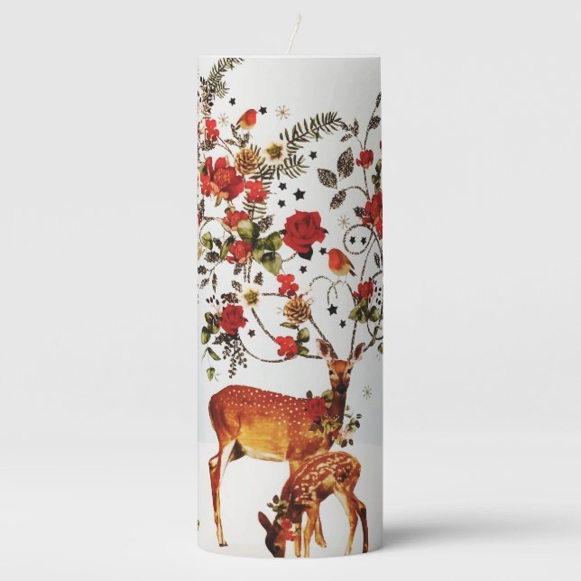 Winter Love Bird Christmas Tree Watercolor Pillar Candle (Front)