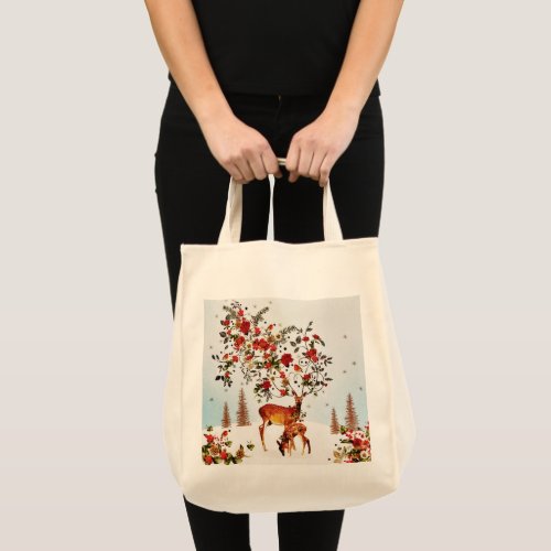 Winter Love Bird Christmas Tree Watercolor Tote Bag