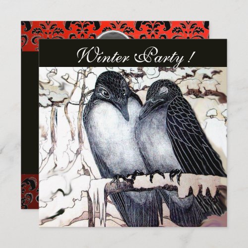 WINTER LOVE BIRDS BLACK WHITE RED DAMASK MONOGRAM INVITATION