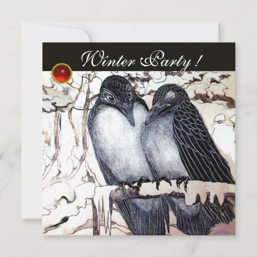 WINTER LOVE BIRDS BLACK WHITE RED GEM MONOGRAM INVITATION