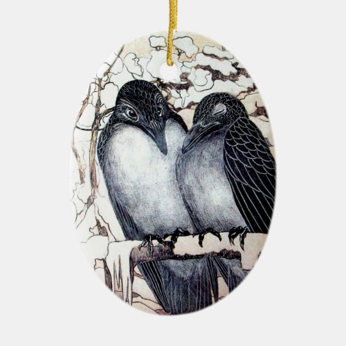 WINTER LOVE BIRDS IN SNOW Black and White Drawing Ceramic Ornament