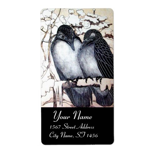 WINTER LOVE BIRDS IN SNOW Black and White Drawing Label