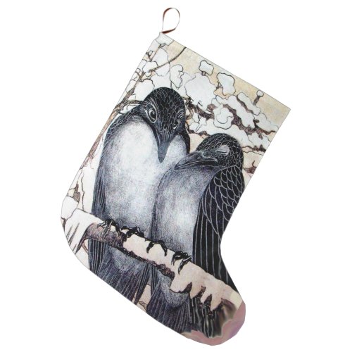WINTER LOVE BIRDS IN SNOW Black and White Drawing Large Christmas Stocking