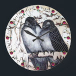 WINTER LOVE BIRDS IN SNOW Black and White Drawing Large Clock<br><div class="desc">3d modeling, rendering , digital collage by Bulgan Lumini .Funny Winter birds in snow .</div>
