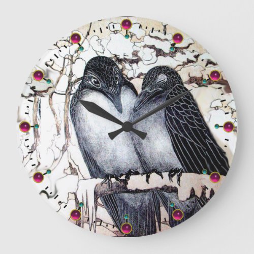 WINTER LOVE BIRDS IN SNOW Black and White Drawing Large Clock