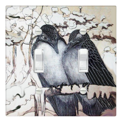 WINTER LOVE BIRDS IN SNOW Black and White Drawing Light Switch Cover