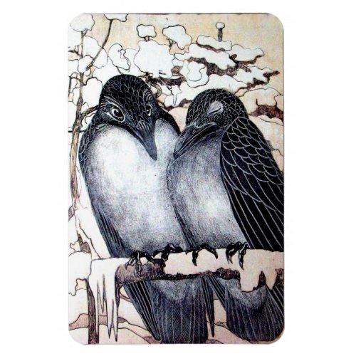 WINTER LOVE BIRDS IN SNOW Black and White Drawing Magnet