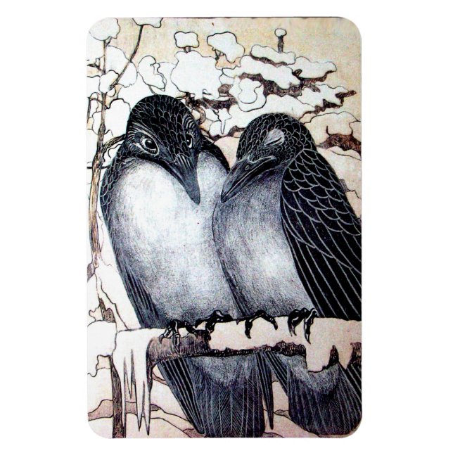 WINTER LOVE BIRDS IN SNOW Black and White Drawing Magnet (Vertical)