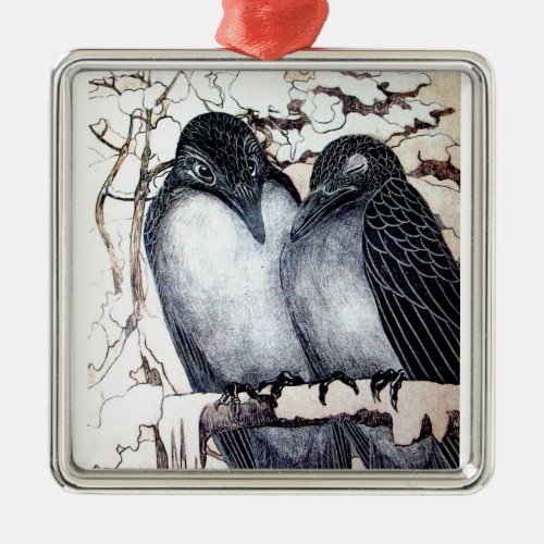 WINTER LOVE BIRDS IN SNOW Black and White Drawing Metal Ornament