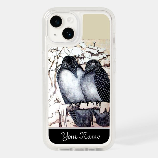 WINTER LOVE BIRDS IN SNOW Black and White Drawing Otterbox iPhone Case (Back)