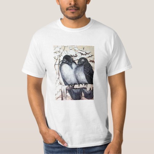 WINTER LOVE BIRDS IN SNOW Black and White Drawing T_Shirt