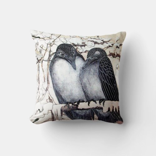 WINTER LOVE BIRDS IN SNOW Black and White Drawing Throw Pillow