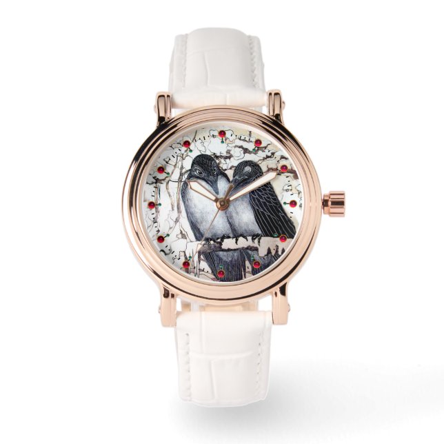 WINTER LOVE BIRDS IN SNOW Black and White Drawing Watch (Front)