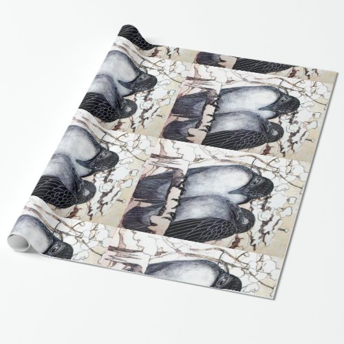 WINTER LOVE BIRDS IN SNOW Black and White Drawing Wrapping Paper