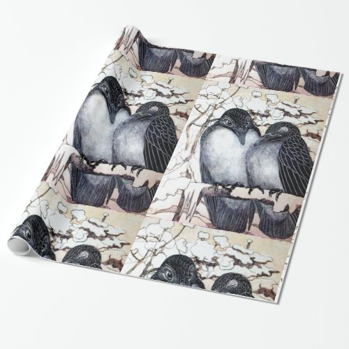 WINTER LOVE BIRDS IN SNOW Black and White Drawing Wrapping Paper