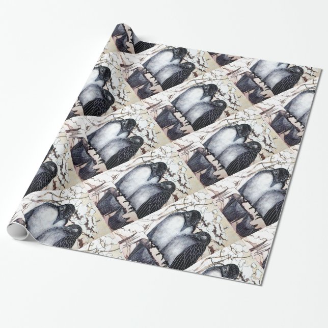 WINTER LOVE BIRDS IN SNOW Black and White Drawing Wrapping Paper (Unrolled)
