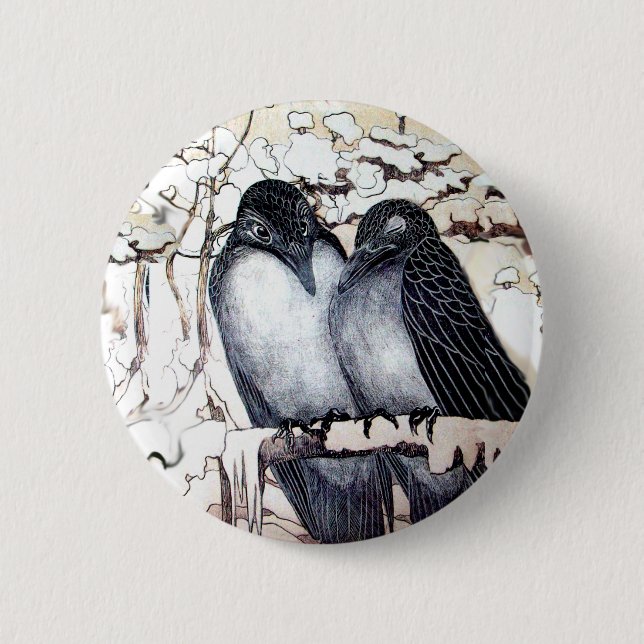 WINTER LOVE BIRDS IN SNOW Black White Button (Front)