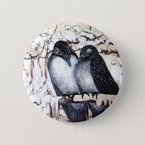 WINTER LOVE BIRDS IN SNOW Black White Button