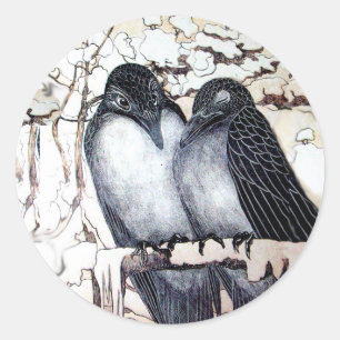 WINTER LOVE BIRDS IN SNOW Black White Classic Round Sticker