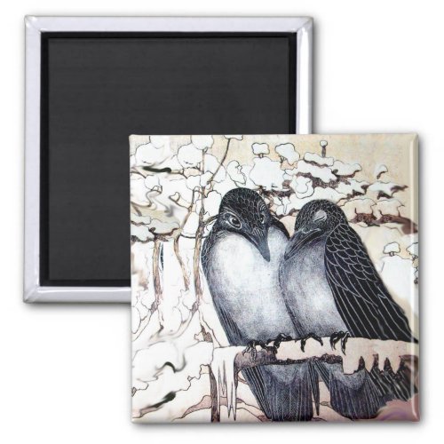 WINTER LOVE BIRDS IN SNOW Black White Magnet