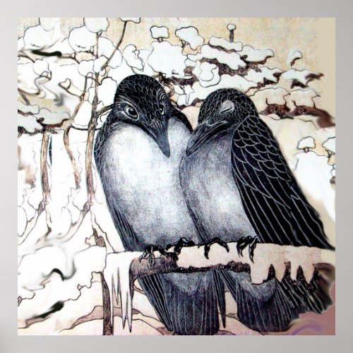 WINTER LOVE BIRDS IN SNOW Black White Poster