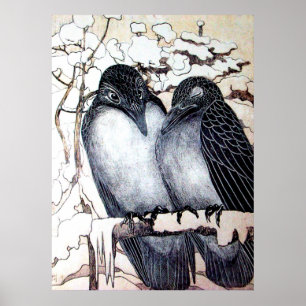 WINTER LOVE BIRDS IN SNOW Black White Poster