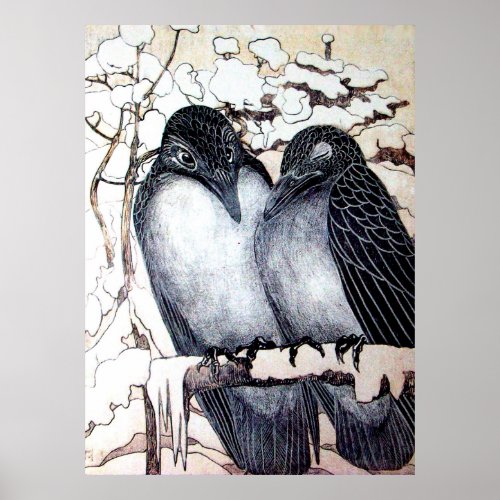 WINTER LOVE BIRDS IN SNOW Black White Poster